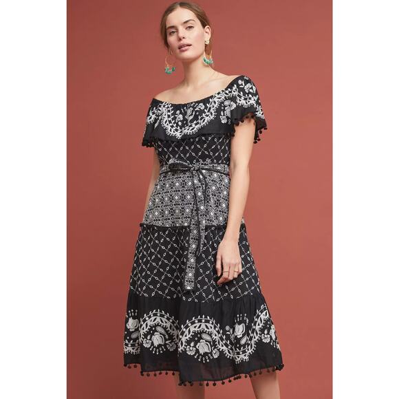 New Anthropologie Marisol Off the Shoulder Embroidered Midi Dress $230 B&W Sz 4 - Picture 1 of 8